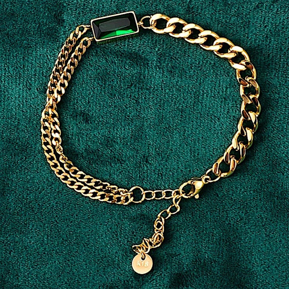 GOLD EMERALD GREEN CHAIN LINK BRACELET - Picture 12 of 14